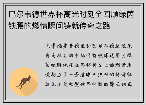 巴尔韦德世界杯高光时刻全回顾绿茵铁腰的燃情瞬间铸就传奇之路