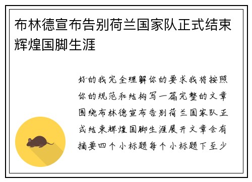 布林德宣布告别荷兰国家队正式结束辉煌国脚生涯 布林德宣布告别荷兰国家队正式结束辉煌国脚生涯